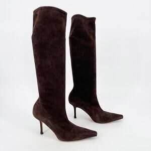 Jimmy Choo Stevie Vintage Coffee Brown Stretch Suede Pointed Knee Boots IT 41